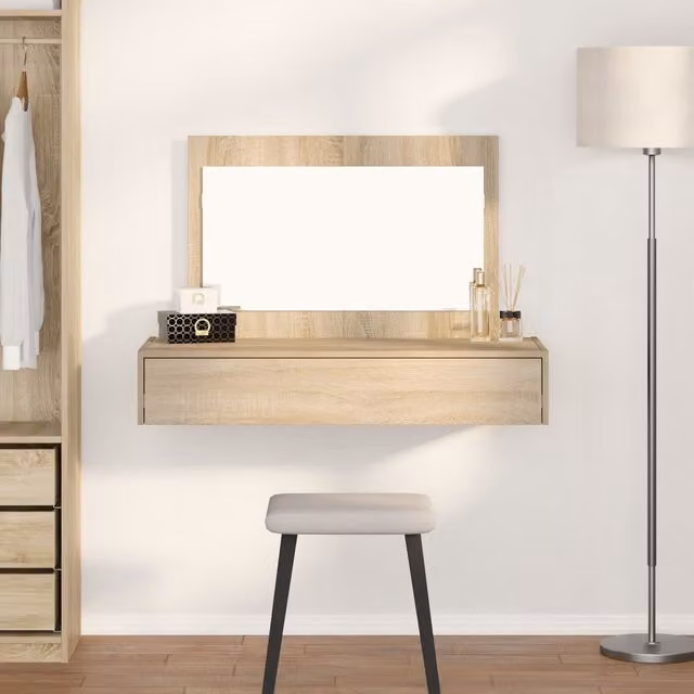 Berkfield Home Wall Hanging Dressing Table in Sonoma Oak and Beige, W/D/H: 100 x 40 x 70 cm