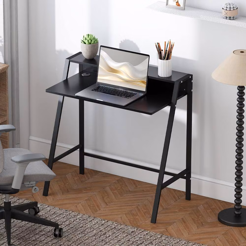 Rolipo Black Writing Desk with Storage Shelf W: 84 cm, D: 45 cm – 3