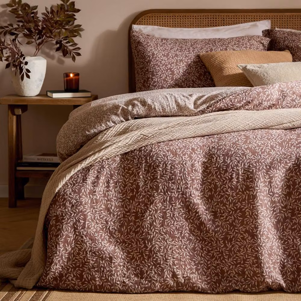 Yard Perrie Leaf Muslin 100% Cotton Duvet Cover Set in Brown, Floral and Reversible, W: 140 cm, H: 200 cm – 2