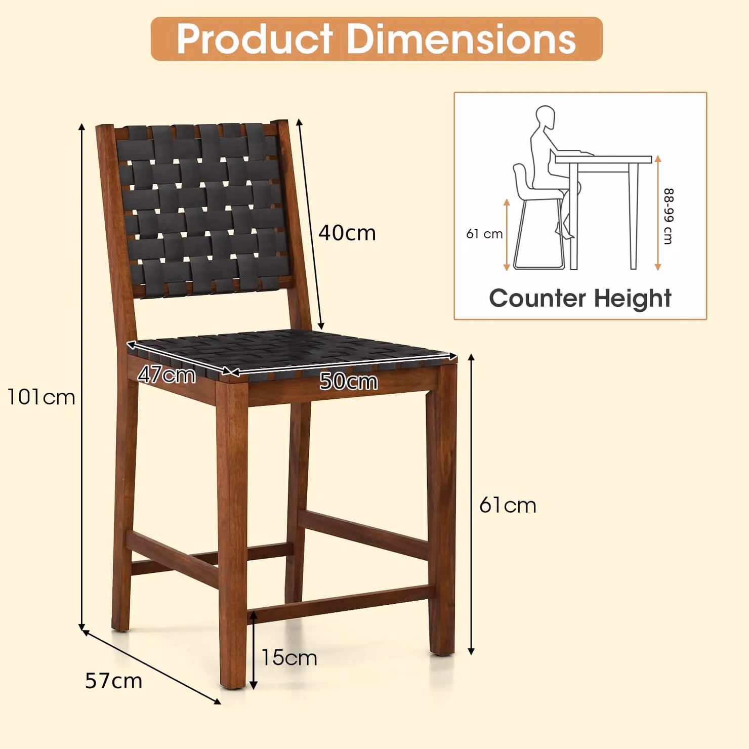 Costway Set of 2 Woven Counter Height Bar Stools in Brown with Faux PU Leather Straps – 2