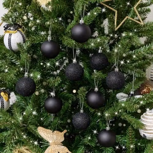 Melody Maison Set of 10 Mixed Glitter Black Christmas Baubles, Diameter: 6 cm