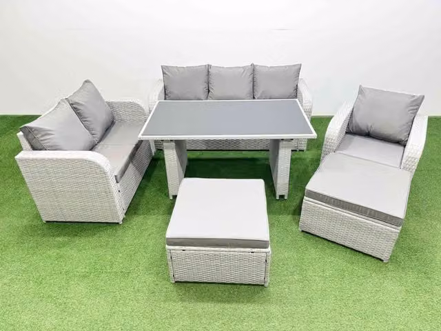 Fimous 8 Seater Rattan Outdoor Sofa Set with 2 Large Stools in Light Grey