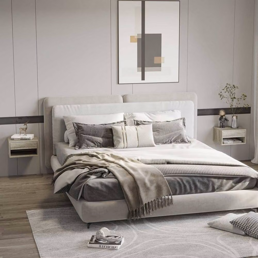 Wyld Haus Rosama Grey Wood Effect Wall Mounted Floating Bedside Tables Set of 2 – 3