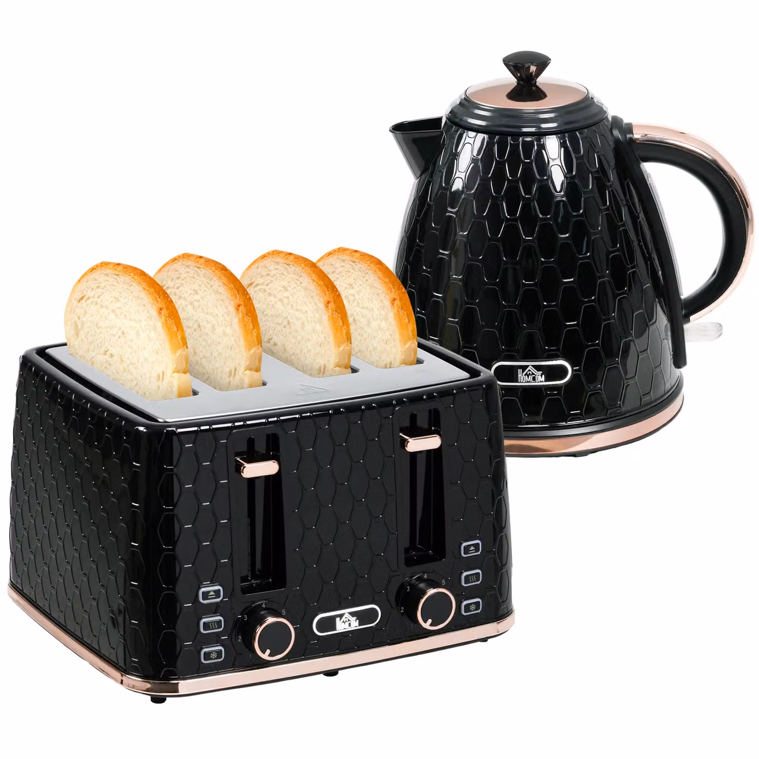HOMCOM Black Kettle and Toaster Set with 1.7L Capacity, Defrost, Reheat and Crumb Tray – 2