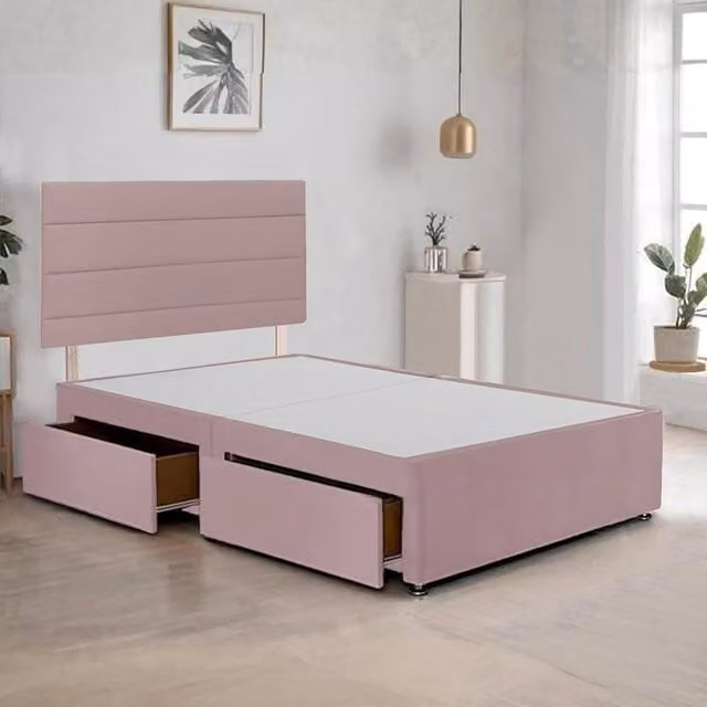 Bed Time UK Plush Velvet Divan Bed Frame with 2 Drawers and Horizontal Headboard in Pink, W/D/H: 120 x 200 cm, Small Double