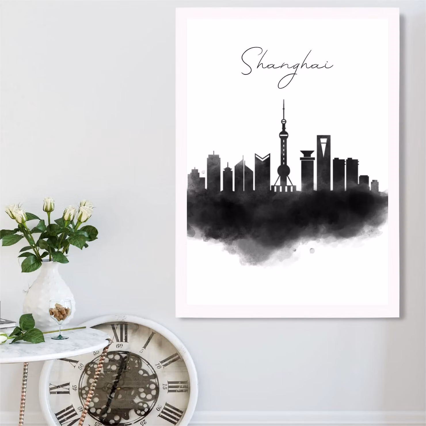 ARTZE Shanghai Watercolour Skyline City Framed Print with White Frame in Black – 2