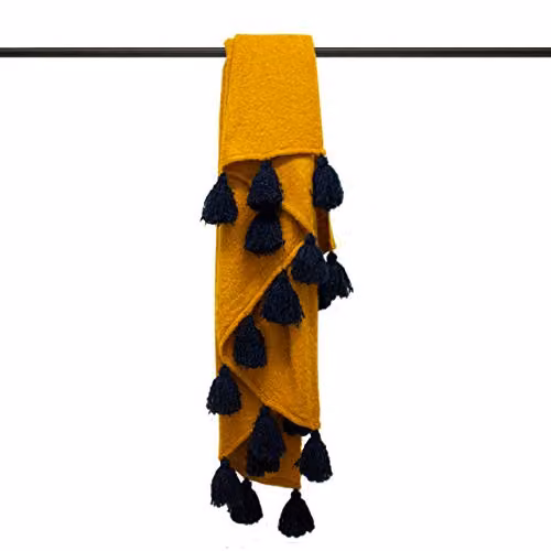Furn Romily Pom-Pom Throw in Gold and Blue, W/D/H: 130 x 180 cm