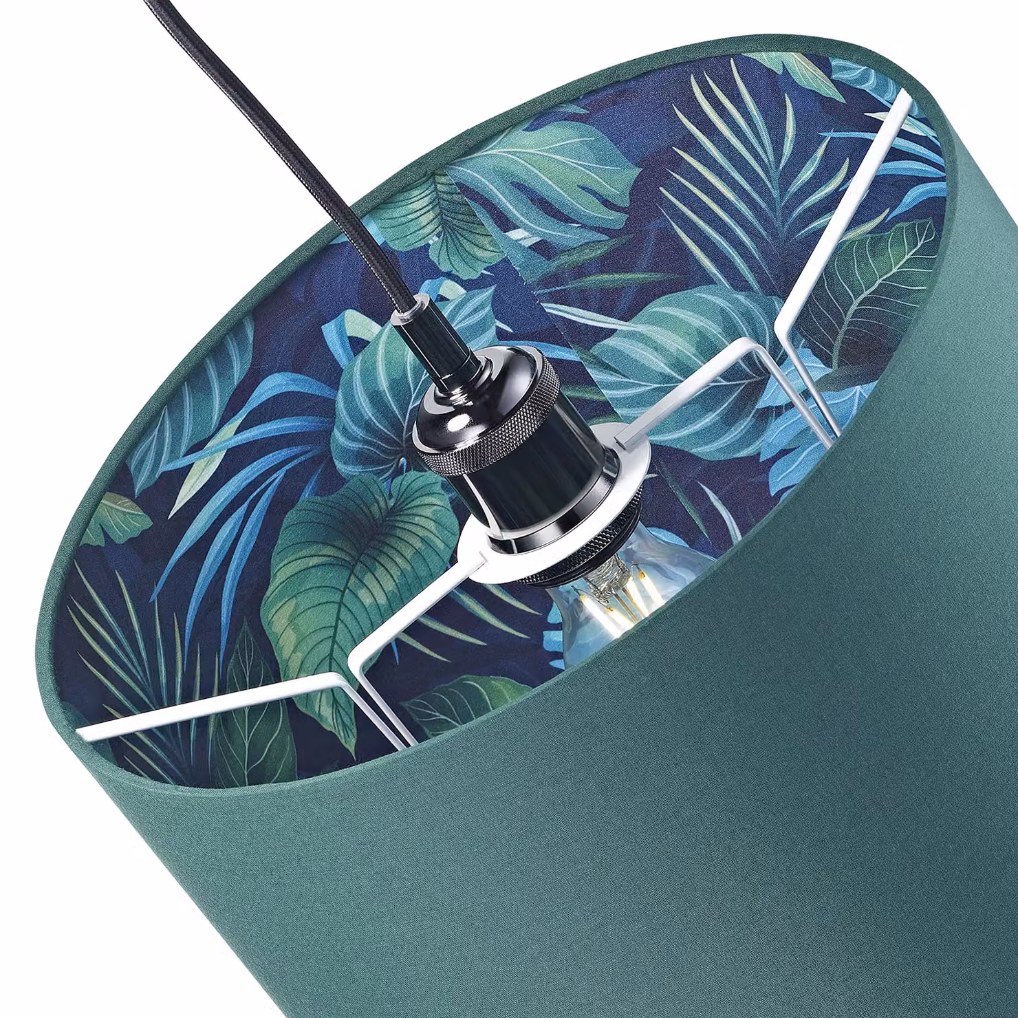 Happy Homewares Forest Green Cotton Fabric Cylinder Lamp Shade with Dark Green Jungle Palm Tree Print, Diameter: 30 cm – 3
