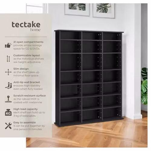 tectake CD Storage Unit in Black with Adjustable Shelves, H 136.5 x W 105.5 x D 19.0 cm – 4