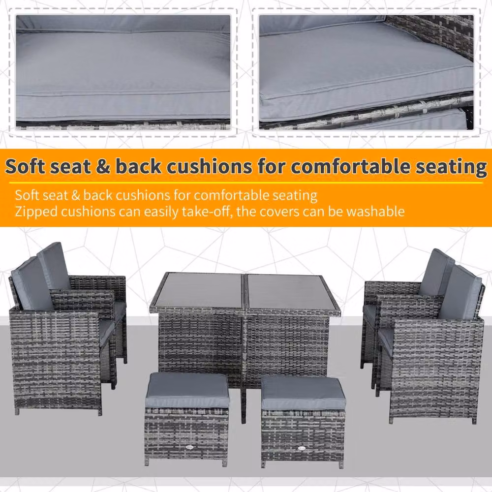Wyld Haus Noco Grey 9 Piece Rattan Outdoor Dining Set with Square Glass Table – 8