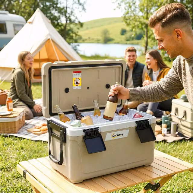 Outsunny Insulated Cool Box with Handle in Beige and Yellow