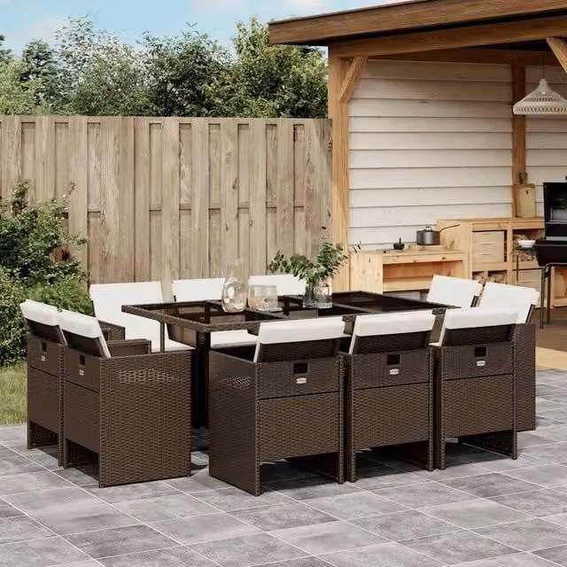 Berkfield Home 11 Piece Brown Poly Rattan Garden Dining Set with Cushions