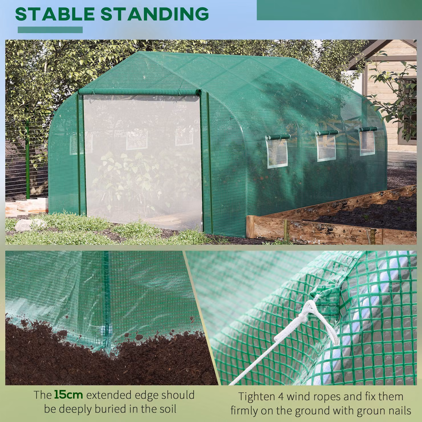 Outsunny Green Walk-in Greenhouse with PE Cover, Roll-Up Door and 6 Windows, W/D/H: 3.5 x 3 x 2 m – 2