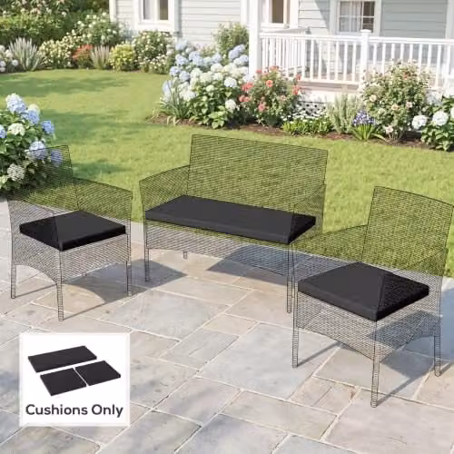 Outsunny Set of 3 Black Rectangular Rattan Garden Seat Cushion Pads with Removable Washable Polyester Covers – 7