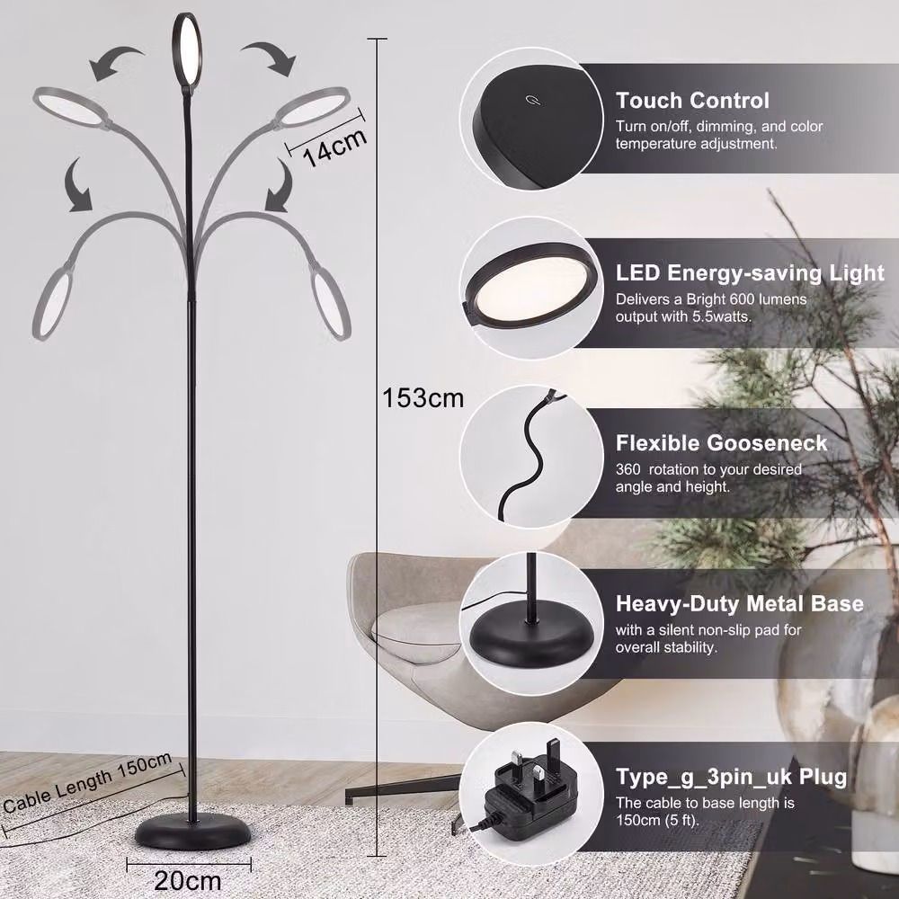 Harper Living Black LED Floor Lamp with Touch Control, Dimmable and Adjustable Gooseneck Reading Light for Living Room, Bedroom or Office – 5