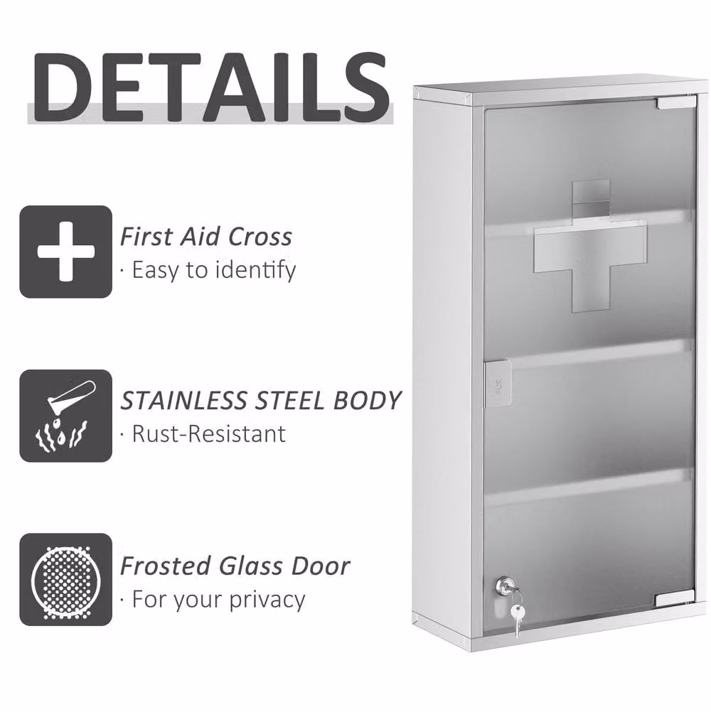 STILVORA Wall Mounted Silver Metal Medicine Cabinet with Lockable Glass Doors and Internal Shelves – 2