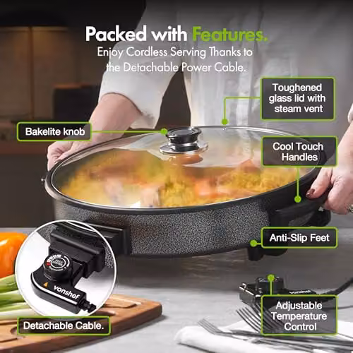 VonShef 6L Electric Frying Pan with Glass Lid, Black, 42cm Diameter, 1500W – 3