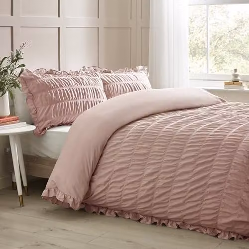 Catherine Lansfield Seersucker Frill Super King Duvet Cover Set with Pillowcases, Pink, W/D/H: 180 x 200 cm, Pillowcases: 50 x 75 cm