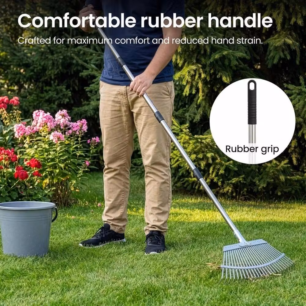 EONLION Adjustable Heavy Duty Metal Garden Rake with Tines in Silver – 4