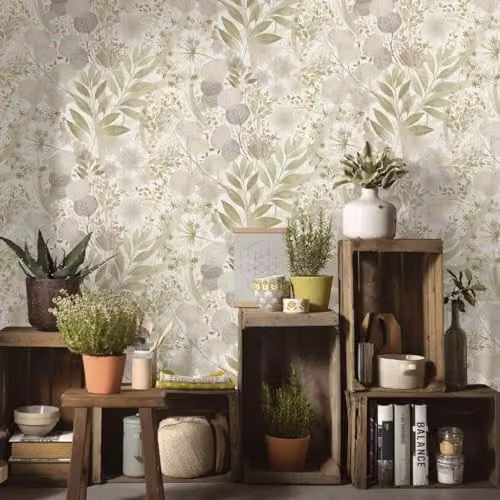 Erismann Secret Grove Botanical Floral Vinyl Textured Wallpaper in Green and Beige – 2
