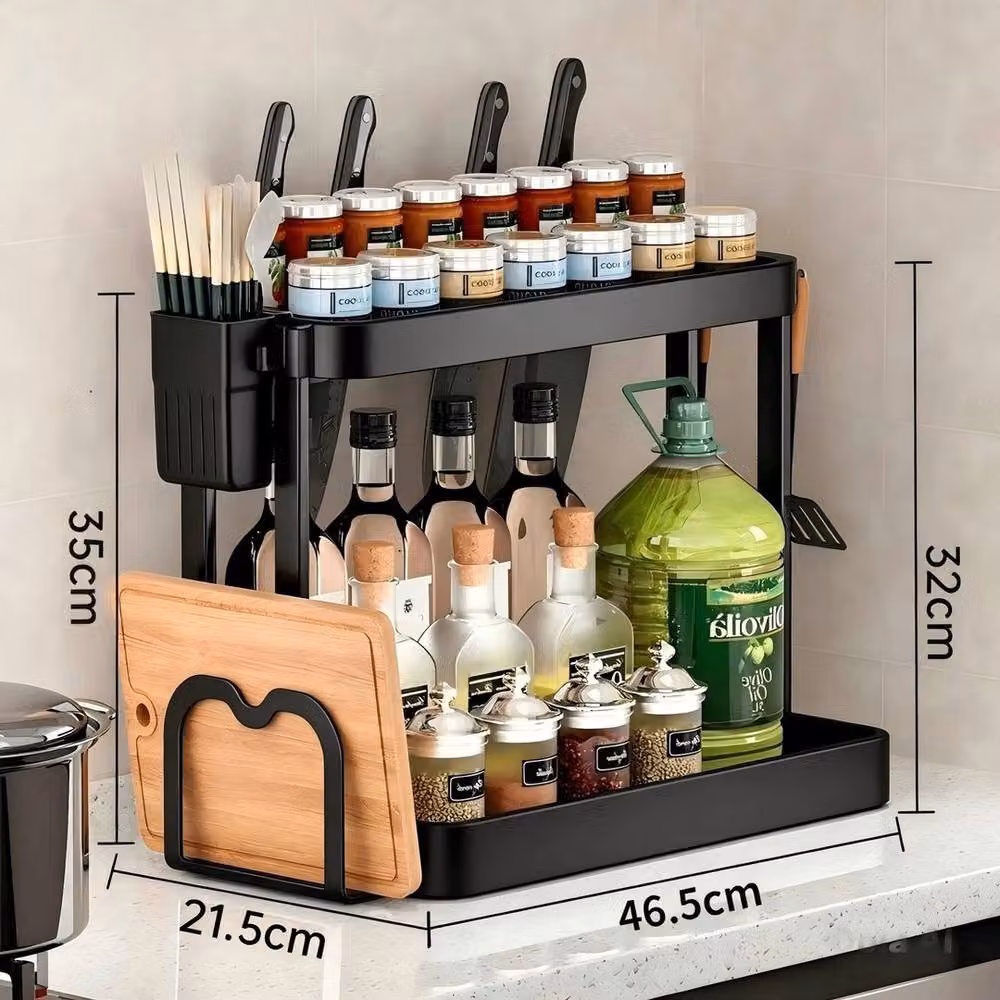 FORGEVIO Black 2 Tier Metal Spice Rack Organiser with Chopping Board – 2