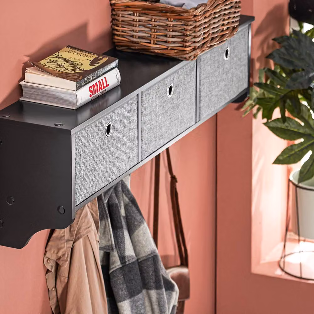 SoBuy Wall-Mounted Coat Rack with 5 Hooks and 3 Baskets in Black – 5