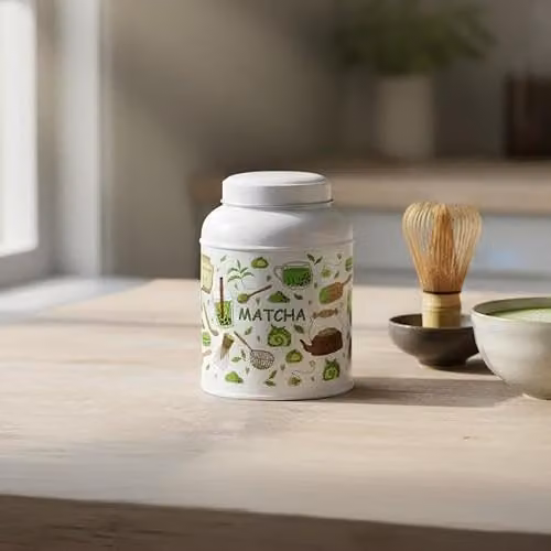 Purely Home Matcha Canister with Small Domed Lid in Green and White Metal – 2