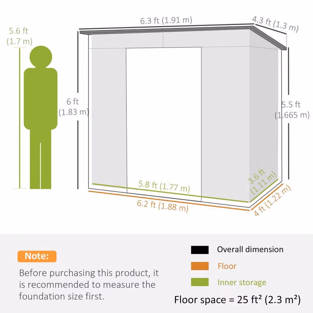 Rolipo Grey Galvanised Metal Pent Garden Shed with Locking Double Doors – 4