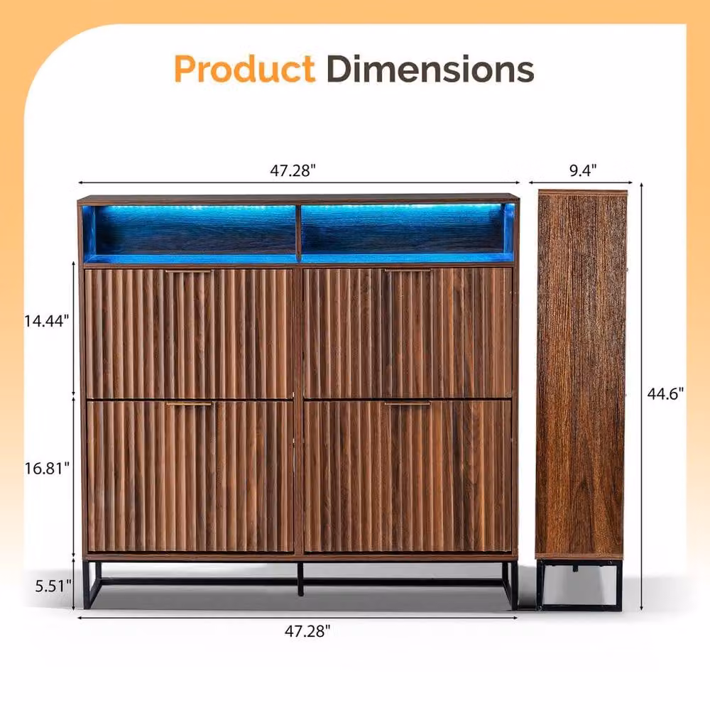 EONLION Mid-Century Modern Walnut Shoe Cabinet with 4 Tilting Compartments and Integrated Lighting, Width: 100 cm – 2