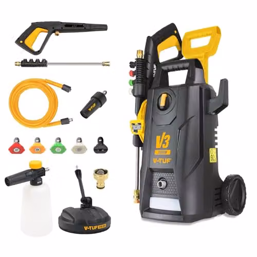 V-TUF V 3 Electric Pressure Washer in Black with 150 bar Max Pressure, 2000W, 7.5 L/min Flow Rate, Patio Cleaner, Turbo Nozzle, Stainless Steel Lance and Snow Foam Cannon – 1