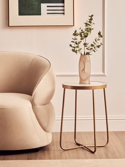 Orsina Round White Marble Side Table with Gold Cross Base – 1