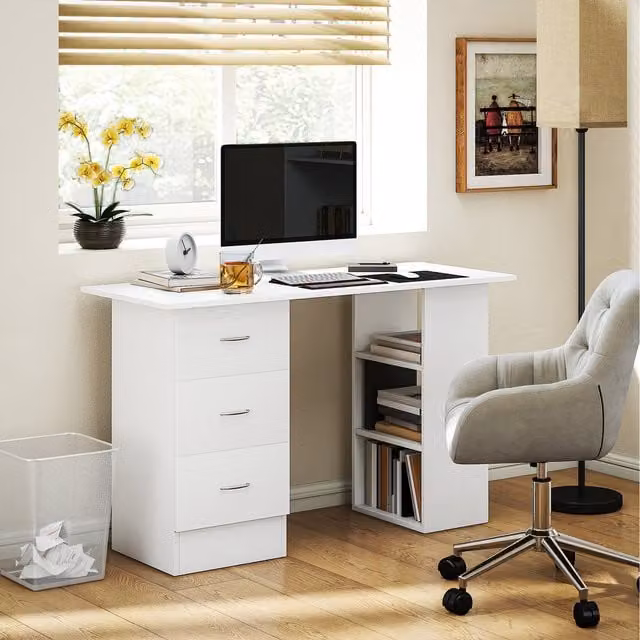 HOMCOM White Computer Desk with Shelves and Drawers, 120 cm Width