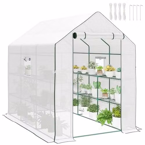 Outsunny White Walk-in Greenhouse with 3 Tier Shelving, W/D/H: 140 x 213 x 190 cm – 1