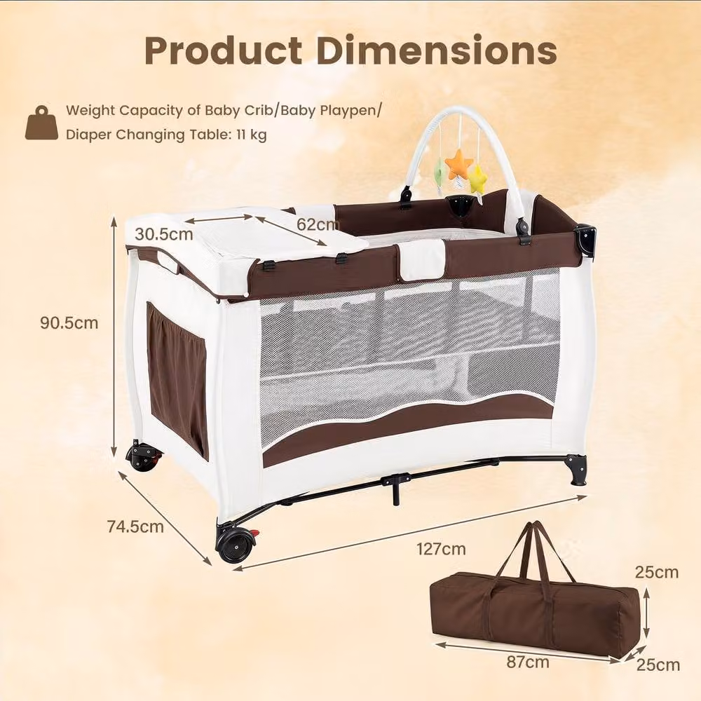 Gymax Folding Playpen in Brown with Diaper Changing Table, 2 Lockable Wheels and 3 Hanging Toys – 2