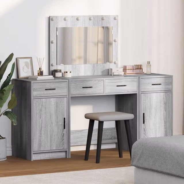 Berkfield Home 3 Piece Hollywood LED Dressing Table Set in Grey Sonoma Engineered Wood – 1