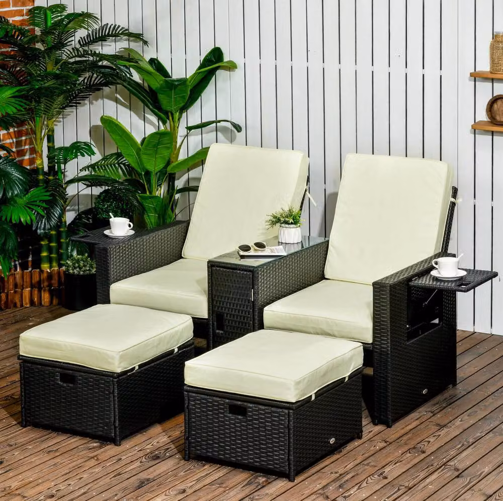 STILVORA 5 Piece Sun Lounger Set with Footstools and Side Table in Black – 2