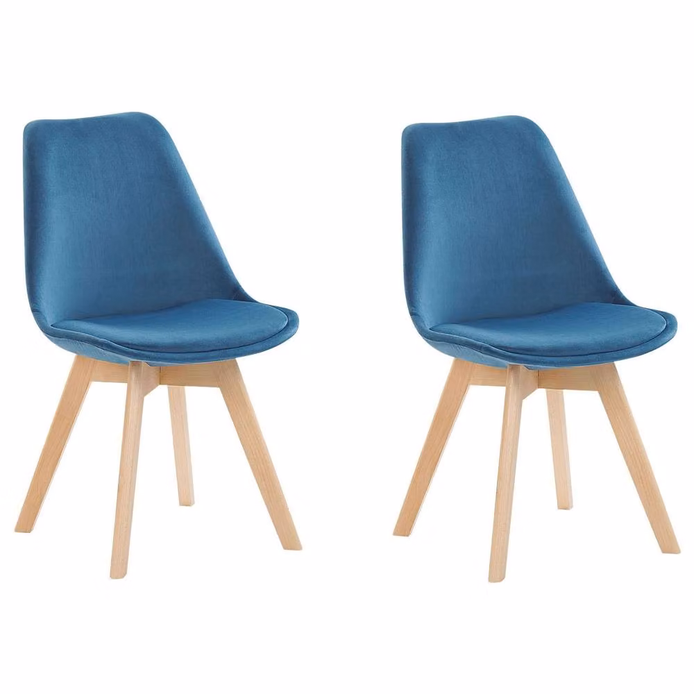 Wyld and Coco Set of 2 Blue Velvet Modern Dining Chairs with Beechwood Legs – 2