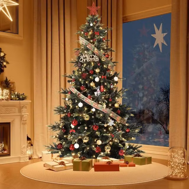 London Boutique 7.5ft Pre-Lit Artificial Spruce Christmas Tree with 200 Warm White LED Lights in Green – 1