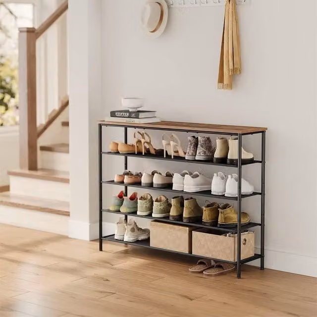 VASAGLE Narrow Industrial Shoe Storage Unit with Fabric Shelves and Steel Frame, Brown – 1