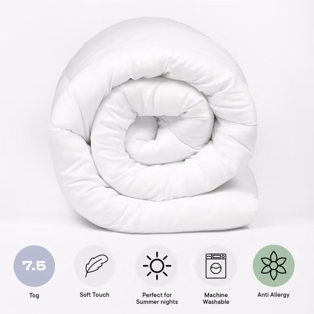 OHS 7.5 Tog Anti Allergy Hollow Fibre Summer Duvet, White, Super King Size