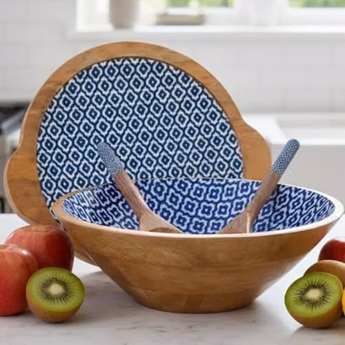 Hartsmede Handmade Mango Wood Salad Bowl with Lid and Spoons, Multicolour, Diameter: 30.48 cm – 1