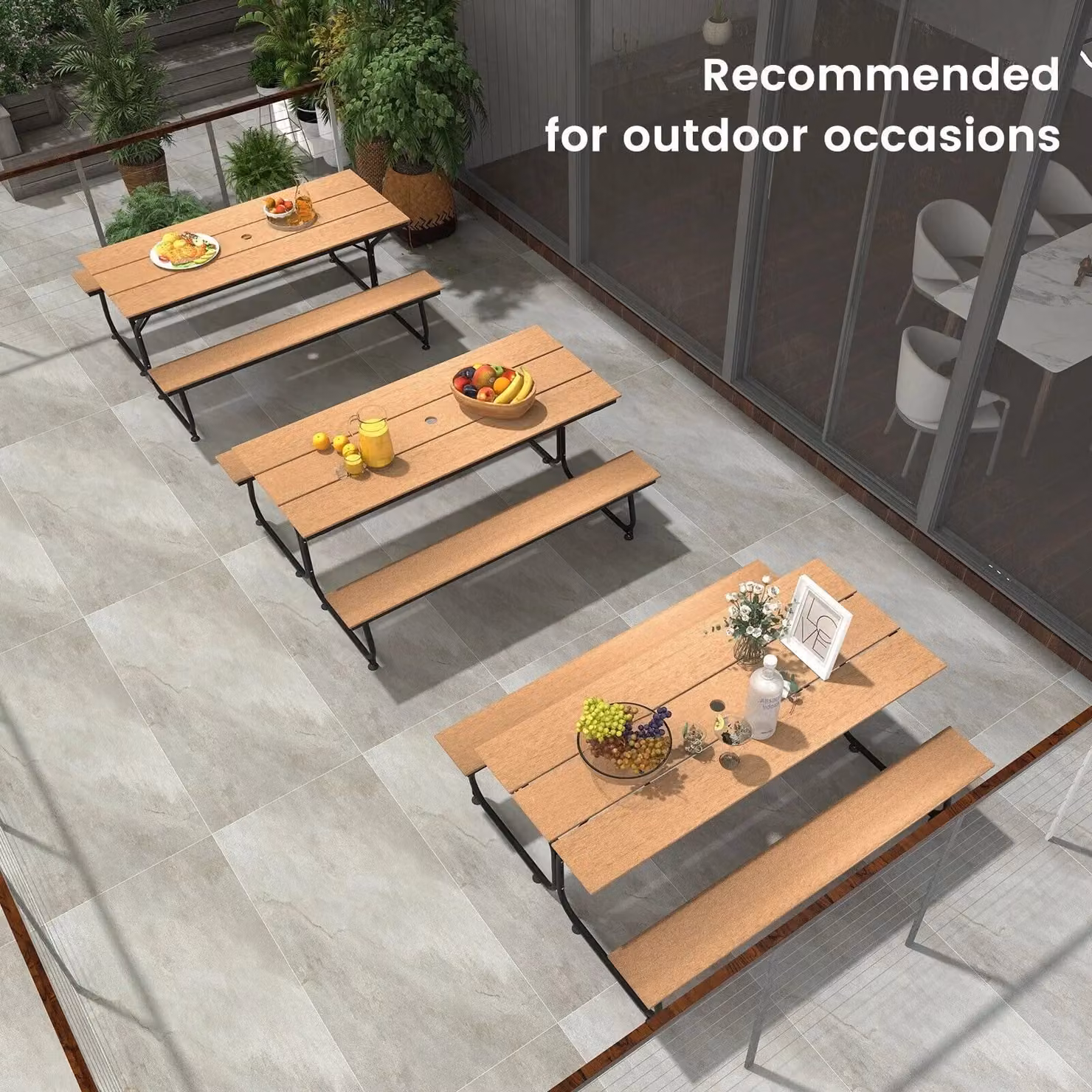 Costway Outdoor Picnic Table and 2 Benches Set with Umbrella Hole, Brown – 2