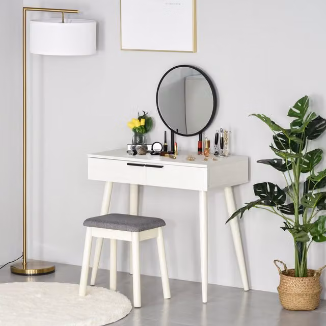 HOMCOM Vanity Table Set with Cushioned Stool in White, 80cm