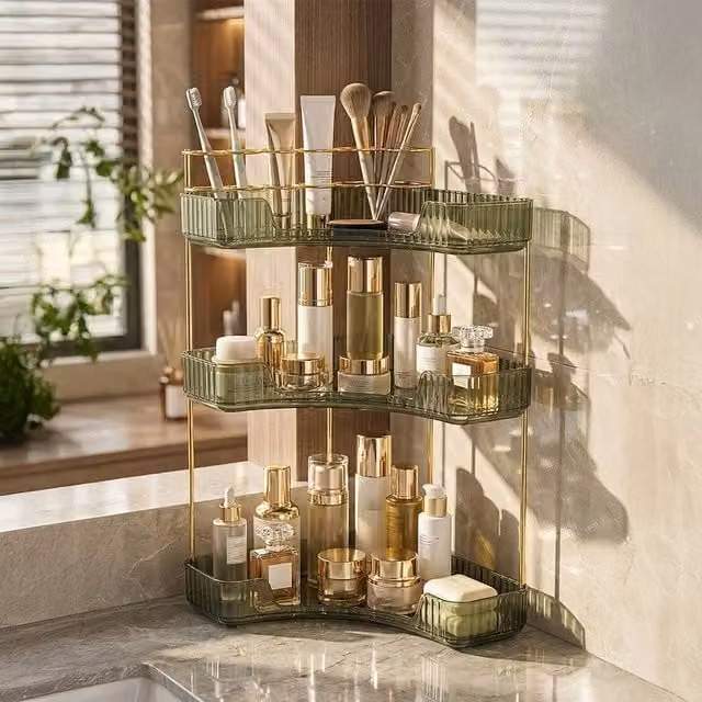 EONLION 3-Tier Corner Storage Rack in Dark Green and Gold, W/D/H: 50 x 50 x 46 cm