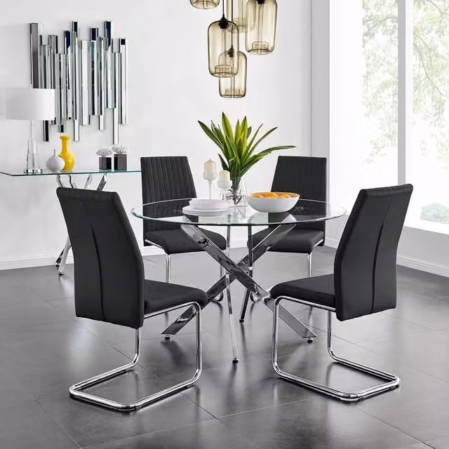 FurnitureboxUK Novara Round Glass Dining Table with 4 Lorenzo Chairs Set, Black, Diameter: 120 cm