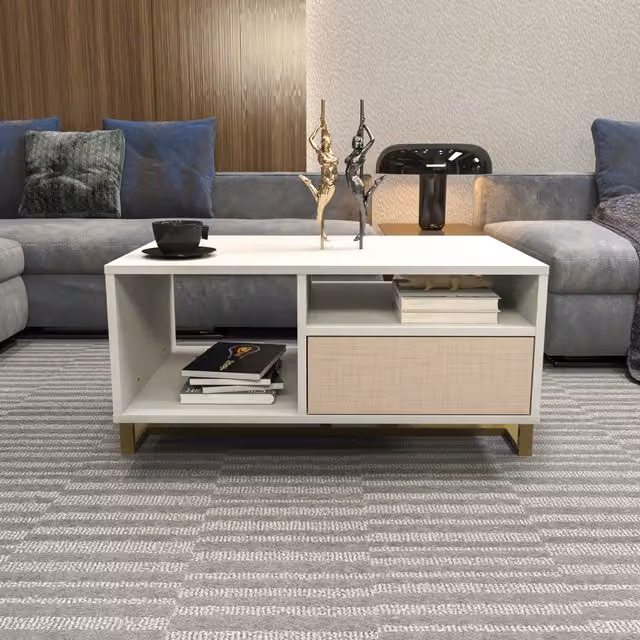 Decorotika Utopia Modern Rectangular Coffee Table in White and Beige