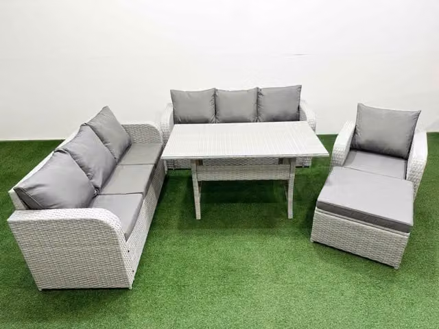 Fimous 8 Seater Poly Rattan Outdoor Garden Furniture Set in Grey with Rectangular Dining Table, 3 Seater Sofa and Reclining Chairs