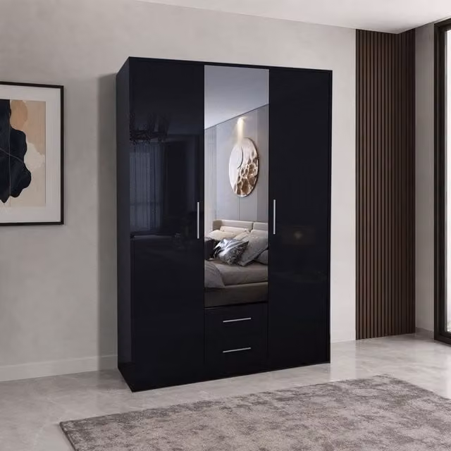 Swindon Gloss Black 3 Door 120cm Wardrobe with Mirror