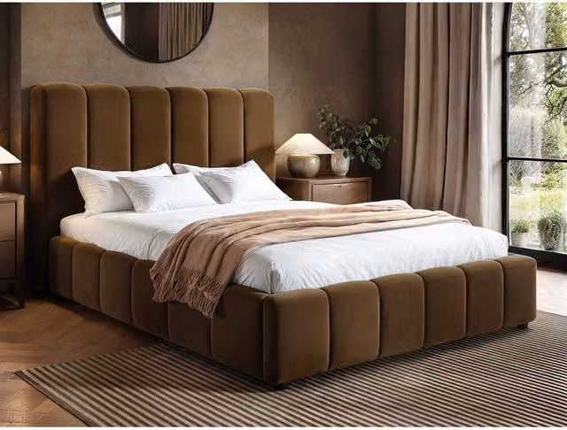 Solace+Co Emilie Ribbed Ottoman Bed in Brown Velvet and Bouclé, W/D/H: 140 x 200 x 114 cm (Height: 158 cm) – 1