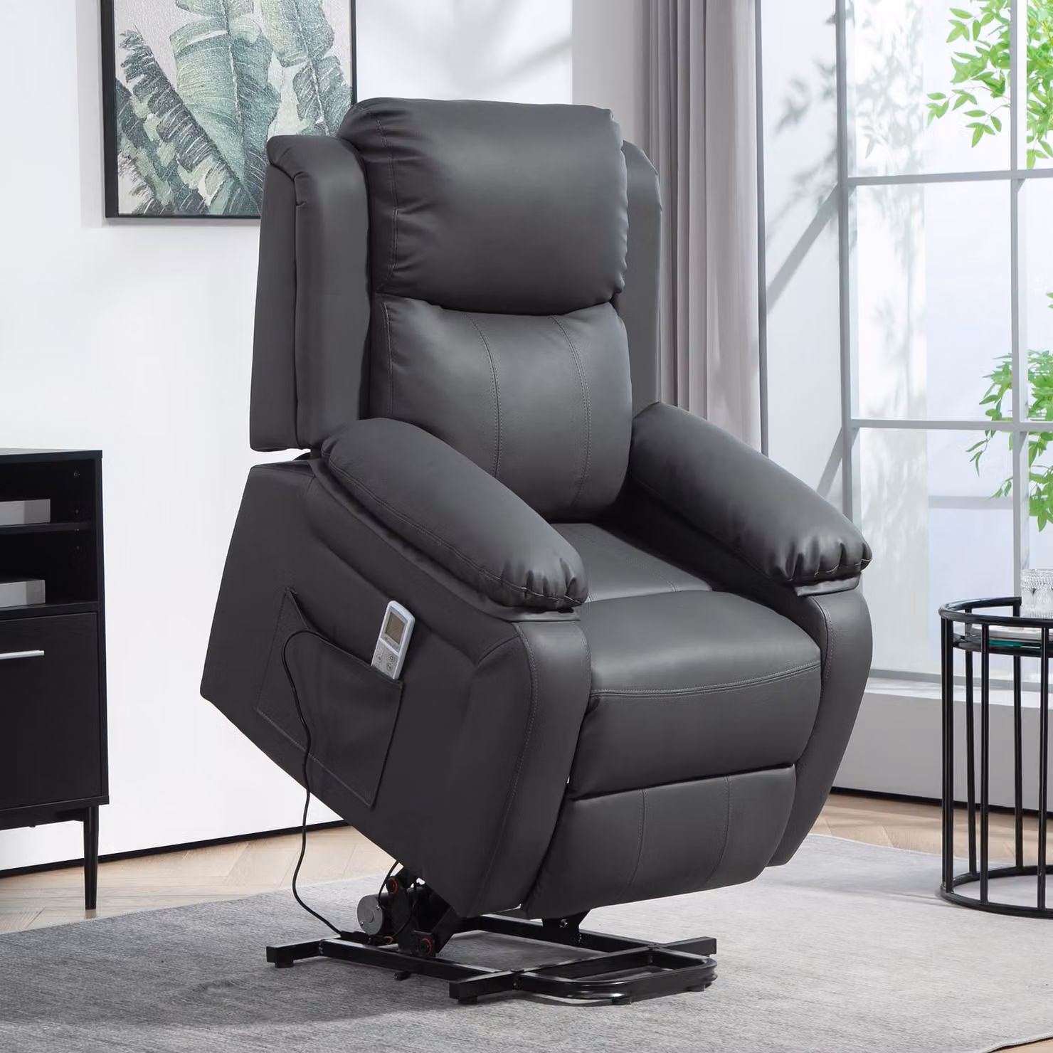 HOMCOM Dark Grey PU Leather Power Lift Riser and Recliner Chair with Vibration Massage for Seniors – 2